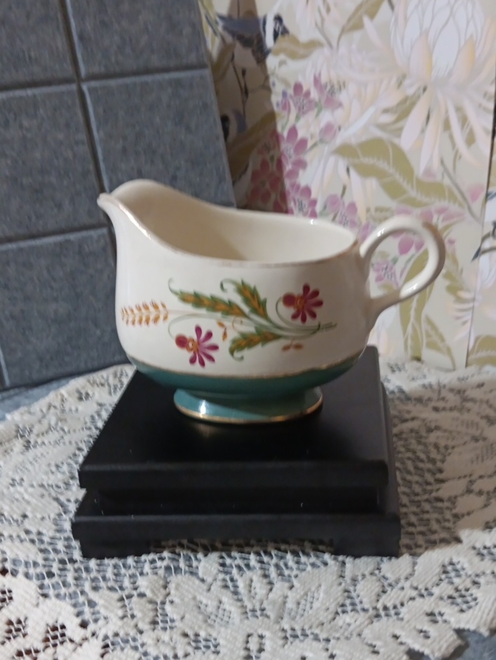 Homer Laughlin White Creamer with Teal Base and Pink Floral Accents
